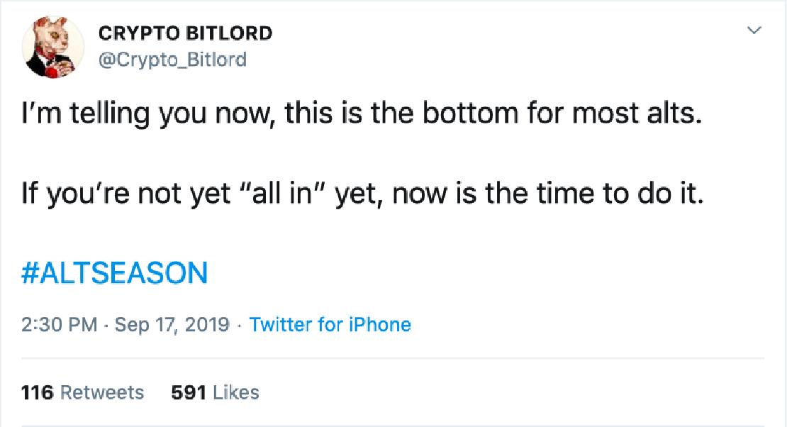 Crypto Bitlord tweetje azt altcoinok emelkedésének kezdetéről. 